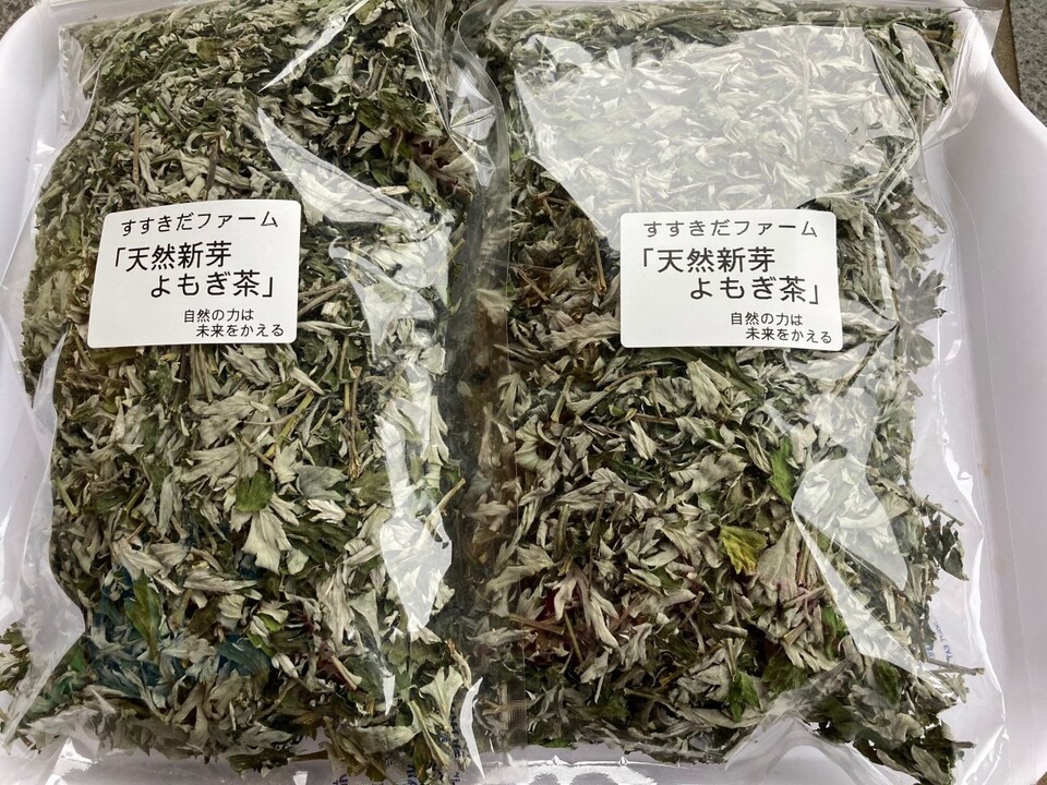 長崎産 春の自然農法の畑の新芽よもぎ茶1袋50gX2袋。世界一安全。（特典あり：10,000円以上ご購入の方自然農法の物プレゼント有り）香り、味、色ともに最高。